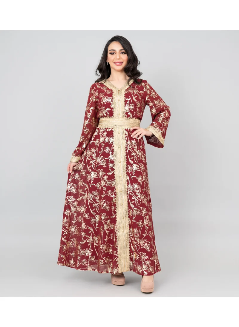 IKKXA Lace Printed Modern Jalabiya IK2024 Maroon