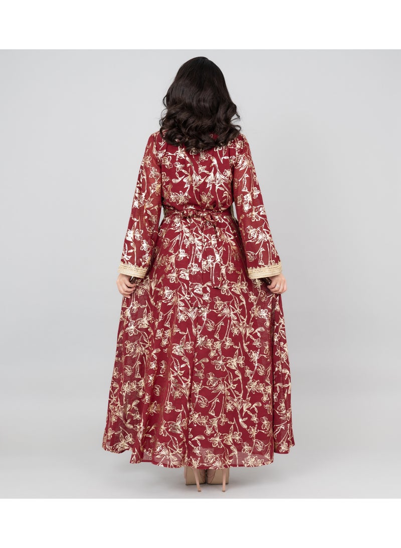 اكسا جلابية دانتيل مطبوعة عصرية لون عنابي - Image 3