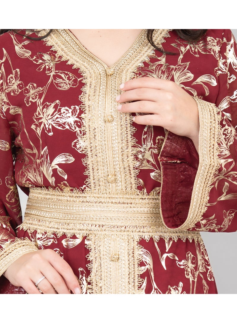 اكسا جلابية دانتيل مطبوعة عصرية لون عنابي - Image 2