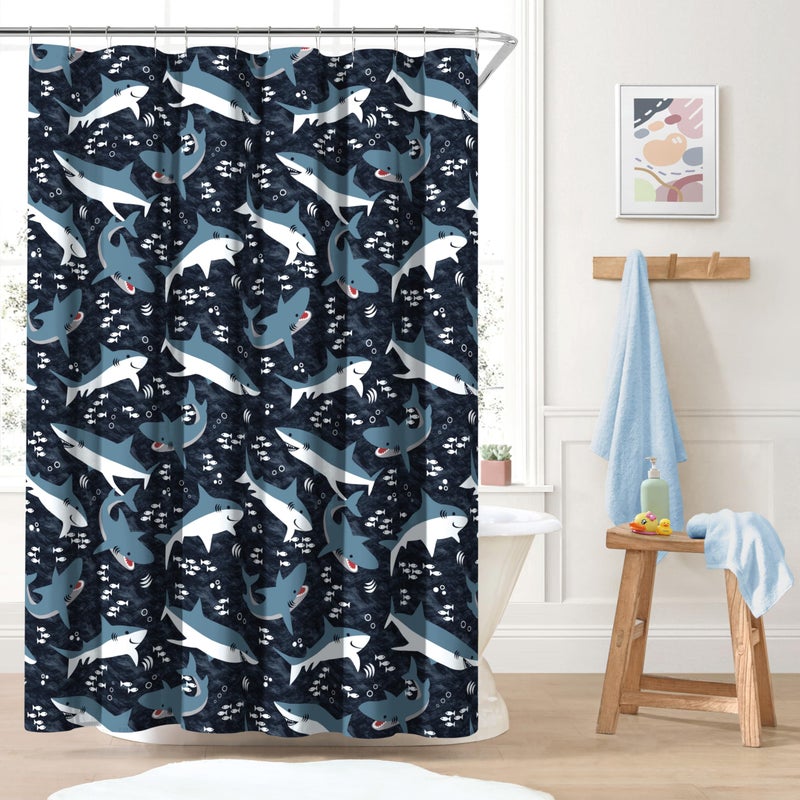 Dream Factory Kids Fabric Shower Curtain for Bathroom 72W x 72L Blue Sharks