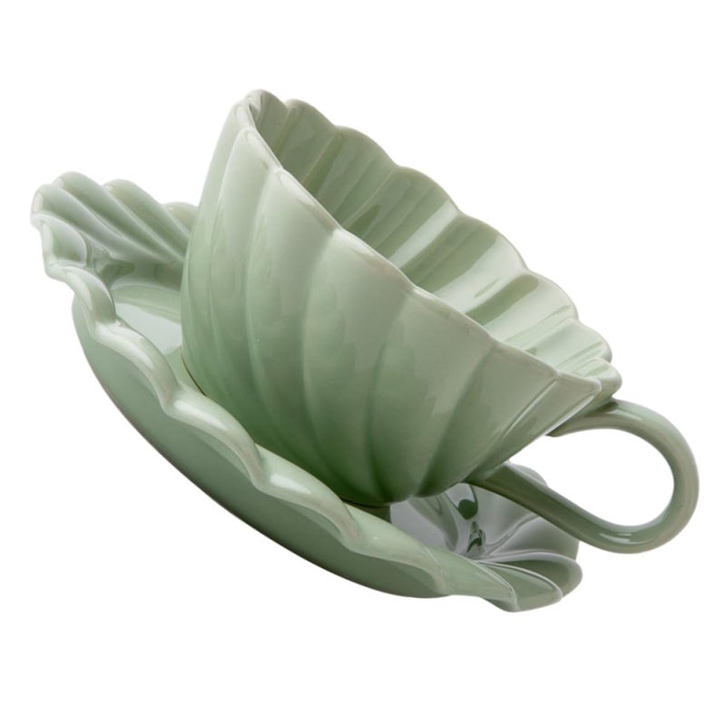 Spring Green Ceramic Coffee Mug and Saucer Set with Lace Pattern for Morning Coffee or Afternoon Tea - Image 2