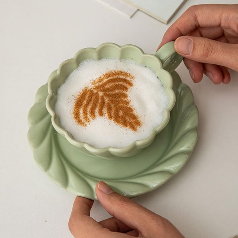 Spring Green Ceramic Coffee Mug and Saucer Set with Lace Pattern for Morning Coffee or Afternoon Tea - Image 5