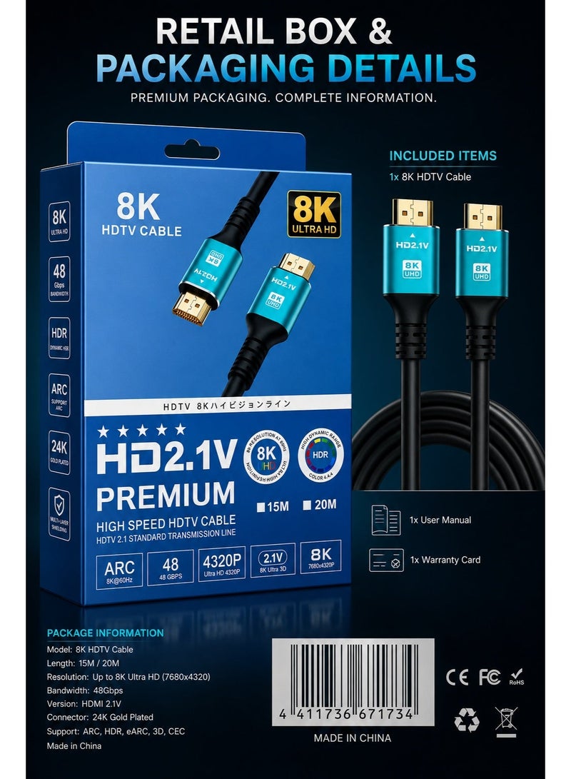 Gamix 8K Ultra HD HDMI 2.1V Cable 15M – Premium High Speed 48Gbps HDR Support for Smart TV, Laptop, Monitor & Projector - Image 5
