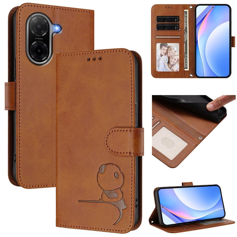 إيروريكس جراب هاتف جلدي بنقشة RFID على شكل باندا من Redmi A5 4G مقاس 171.7 مم / Poco C71 مع حبل (بني) - Image 1