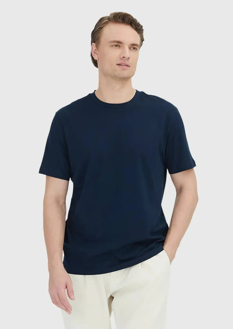 رامسي تيشيرت قطني 100% بلون أزرق داكن سادة برقبة دائرية