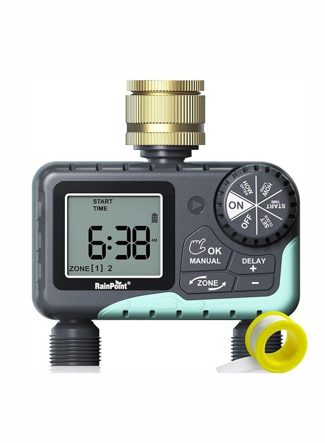 مؤقت مياه RAINPOINT لخرطوم الحديقة - مؤقت رشاشات بمنطقتين مع تأخير هطول الأمطار/ري يدوي/نظام تحكم في الري التلقائي - مؤقت خرطوم المياه ومؤقت صنبور قابل للبرمجة للحديقة - Image 1