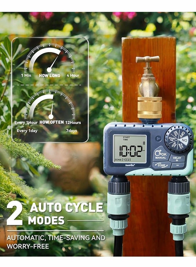 مؤقت مياه RAINPOINT لخرطوم الحديقة - مؤقت رشاشات بمنطقتين مع تأخير هطول الأمطار/ري يدوي/نظام تحكم في الري التلقائي - مؤقت خرطوم المياه ومؤقت صنبور قابل للبرمجة للحديقة - Image 2