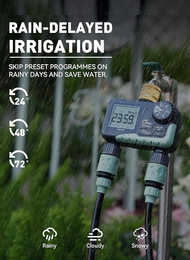 مؤقت مياه RAINPOINT لخرطوم الحديقة - مؤقت رشاشات بمنطقتين مع تأخير هطول الأمطار/ري يدوي/نظام تحكم في الري التلقائي - مؤقت خرطوم المياه ومؤقت صنبور قابل للبرمجة للحديقة - Image 4