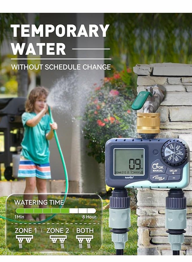مؤقت مياه RAINPOINT لخرطوم الحديقة - مؤقت رشاشات بمنطقتين مع تأخير هطول الأمطار/ري يدوي/نظام تحكم في الري التلقائي - مؤقت خرطوم المياه ومؤقت صنبور قابل للبرمجة للحديقة - Image 3
