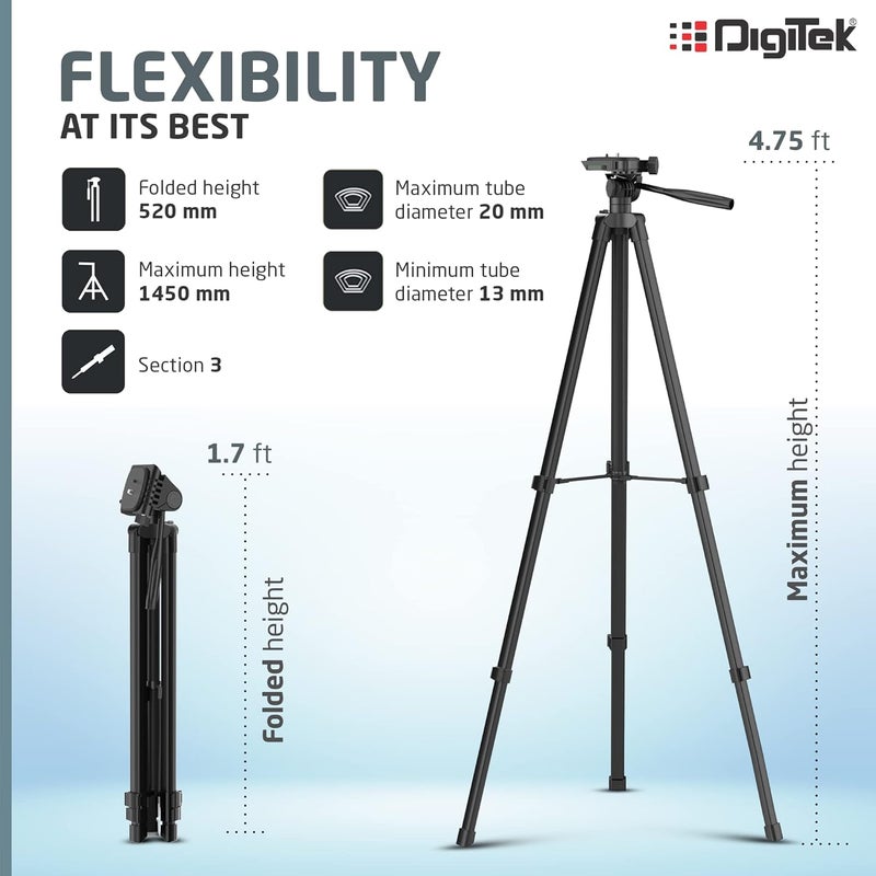 Digitek (DTR 480LW) حامل ثلاثي قابل للحمل من سبائك الألمنيوم بارتفاع 57 بوصة مع حامل هاتف ذكي ورأس كروي بزاوية 360°، تعديل بثلاثة أقسام، سعة تحميل 2 كجم، حقيبة حمل، متوافق مع الهواتف الذكية، وكاميرات الفيديو، وكاميرات DSLR. - Image 3