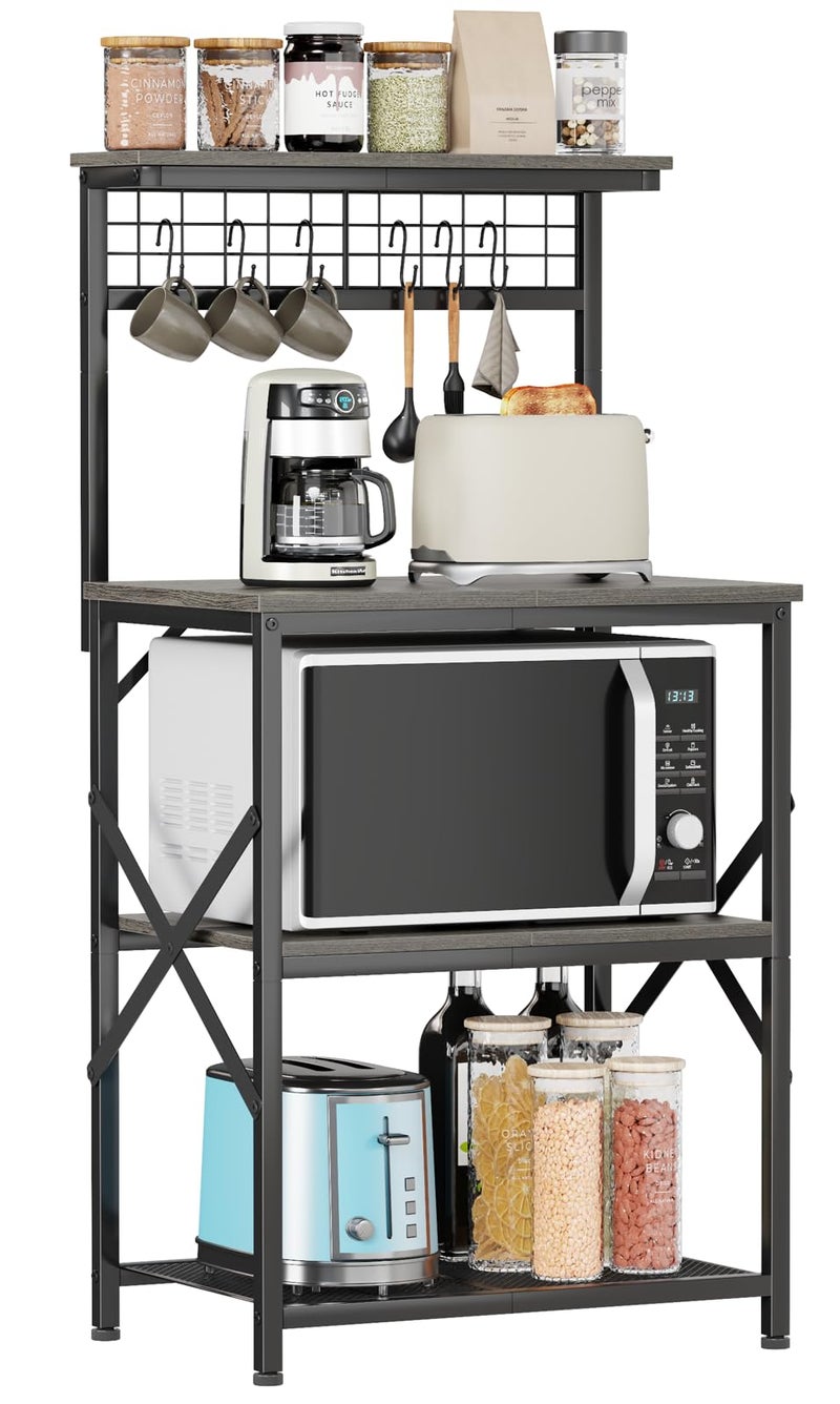 Furologee Furologee Kitchen Bakers Rack Microwave Stand with Storage 4 Tiers Coffee Bar Station with 6 S Hooks and Pegboard Kitchen Shelves Rack for Spices Pots Black Oak
