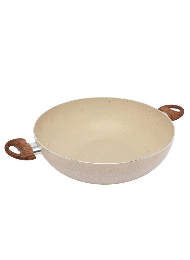 Non-Stick Aluminum Wok With Soft Touch Wood Handle Beige/Brown 