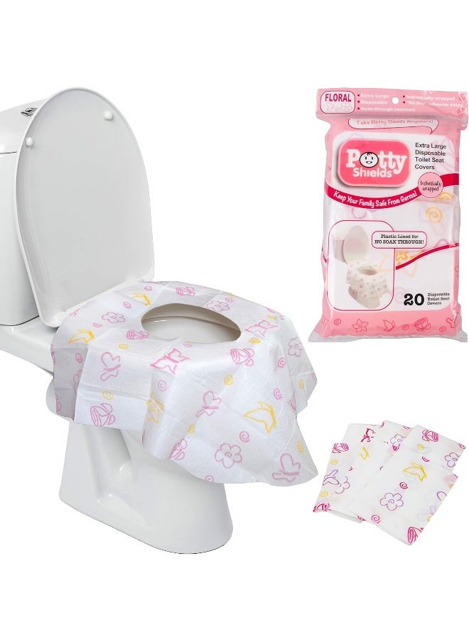 Potty Shields POTTY SHIELDS Toilet Seat Covers- Disposable XL Seat Covers, Individually Wrapped by - Extra-Large, No Slip (Floral- 20 Pack)  - Image 1