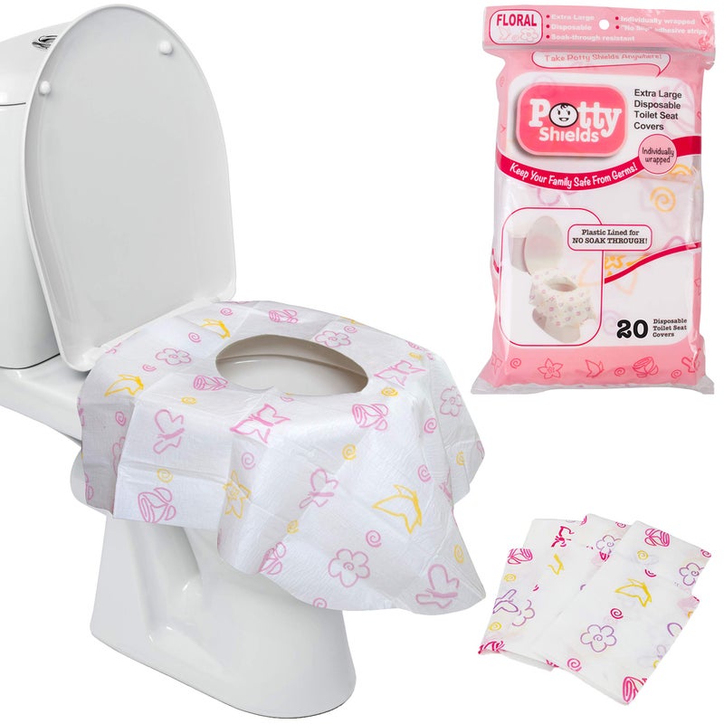 POTTY SHIELDS Disposable Toilet Seat Covers for Kids & Adults (20 Pack) Germ Protect from Public Toilets - Waterproof, Plastic Lined for No Soak Thru, XL to Cover the WHOLE Toilet -Pink/Floral - Image 1