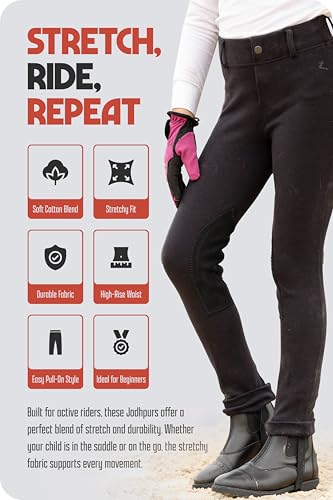 HORZE Nora Girls Riding Pants with Leather Knee Patch | Kids Equestrian Girls Jodhpurs Breeches | Size Chart in Images - Black - XXS - Image 4