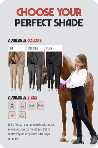 HORZE Nora Girls Riding Pants with Leather Knee Patch | Kids Equestrian Girls Jodhpurs Breeches | Size Chart in Images - Black - XXS - Image 2