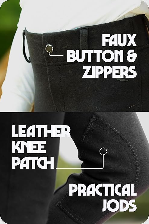 HORZE Nora Girls Riding Pants with Leather Knee Patch | Kids Equestrian Girls Jodhpurs Breeches | Size Chart in Images - Black - XXS - Image 5