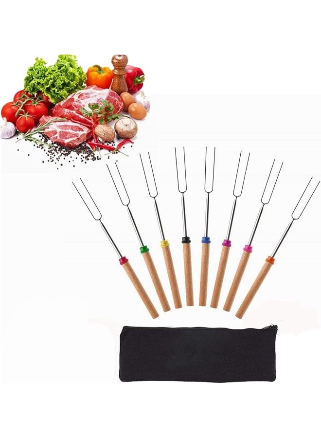 S-TOP 8pcs BBQ Tool Set Stainless Steel Telescoping Campfire Forks with Wooden Handle, U-Shape Design, 80 cm - Image 1