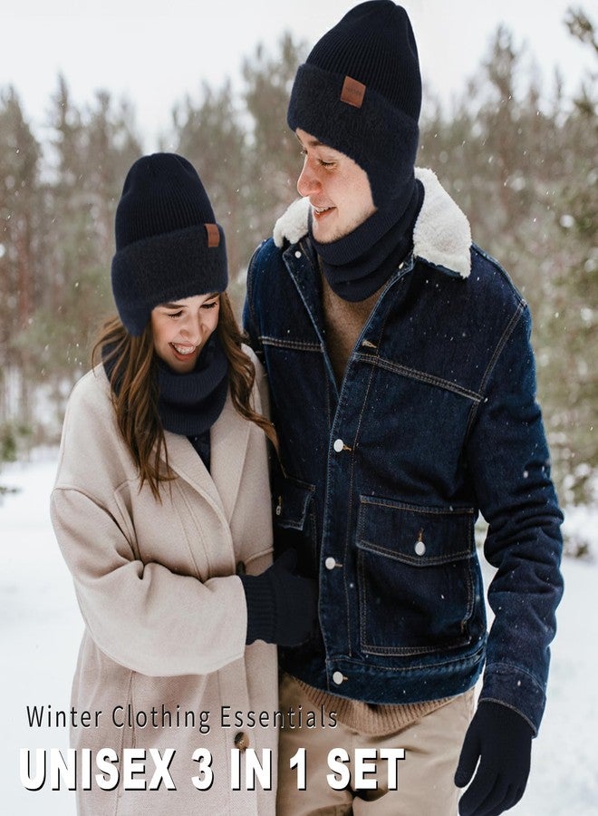 Sofier Winter Hat Fleece Lined Beanie with Earflap Neck Warmer Scarf Touchscreen Gloves Warm Knit Set for Men Women, Navy, One size - Image 2