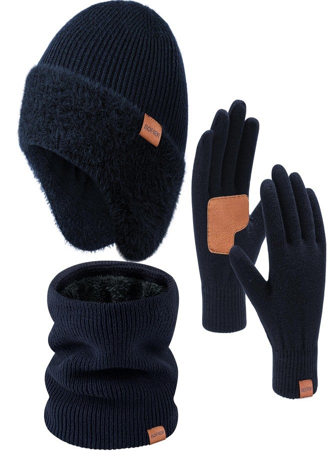 Sofier Winter Hat Fleece Lined Beanie with Earflap Neck Warmer Scarf Touchscreen Gloves Warm Knit Set for Men Women, Navy, One size - Image 1