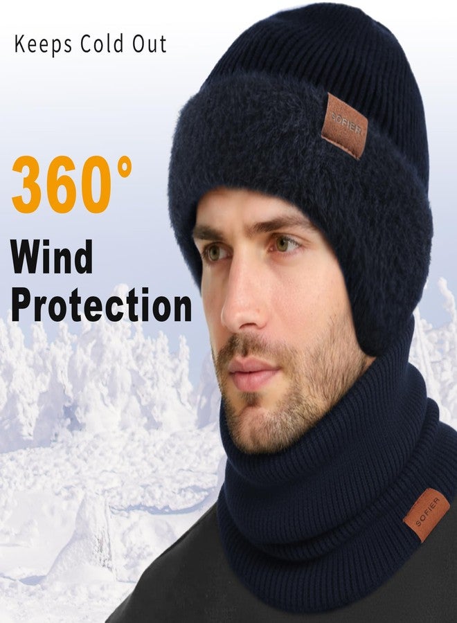 Sofier Winter Hat Fleece Lined Beanie with Earflap Neck Warmer Scarf Touchscreen Gloves Warm Knit Set for Men Women, Navy, One size - Image 3