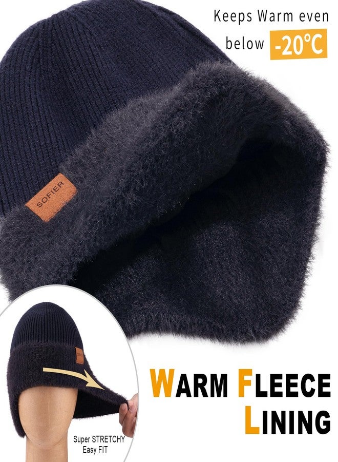 Sofier Winter Hat Fleece Lined Beanie with Earflap Neck Warmer Scarf Touchscreen Gloves Warm Knit Set for Men Women, Navy, One size - Image 5
