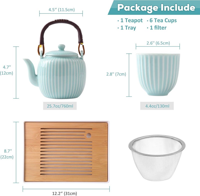 DUJUST Japanese Tea Set, Cyan-blue Porcelain Tea Set with 1 Teapot Set, 6 Tea Cups, 1 Tea Tray, 1 Stainless Infuser, Asian Tea Sets for Adults/Tea Lover/Women/Men (Bamboo - Straight Grain Design) - Image 5