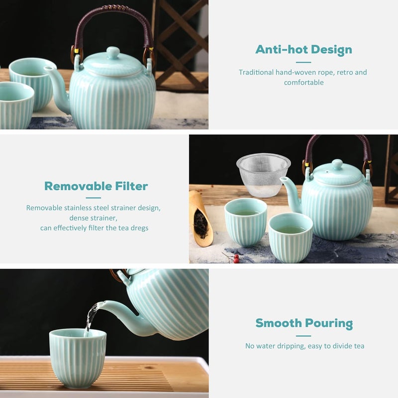 DUJUST Japanese Tea Set, Cyan-blue Porcelain Tea Set with 1 Teapot Set, 6 Tea Cups, 1 Tea Tray, 1 Stainless Infuser, Asian Tea Sets for Adults/Tea Lover/Women/Men (Bamboo - Straight Grain Design) - Image 3
