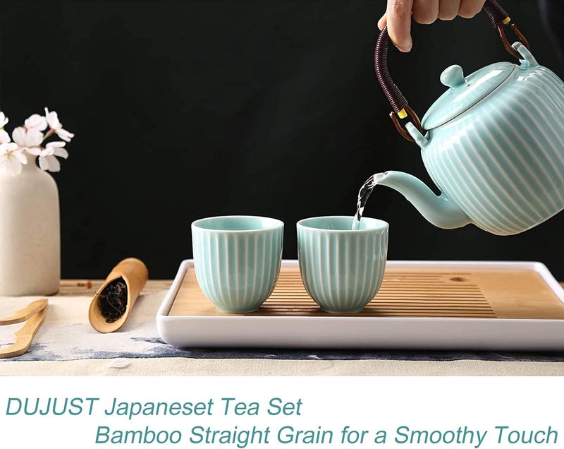 DUJUST Japanese Tea Set, Cyan-blue Porcelain Tea Set with 1 Teapot Set, 6 Tea Cups, 1 Tea Tray, 1 Stainless Infuser, Asian Tea Sets for Adults/Tea Lover/Women/Men (Bamboo - Straight Grain Design) - Image 2