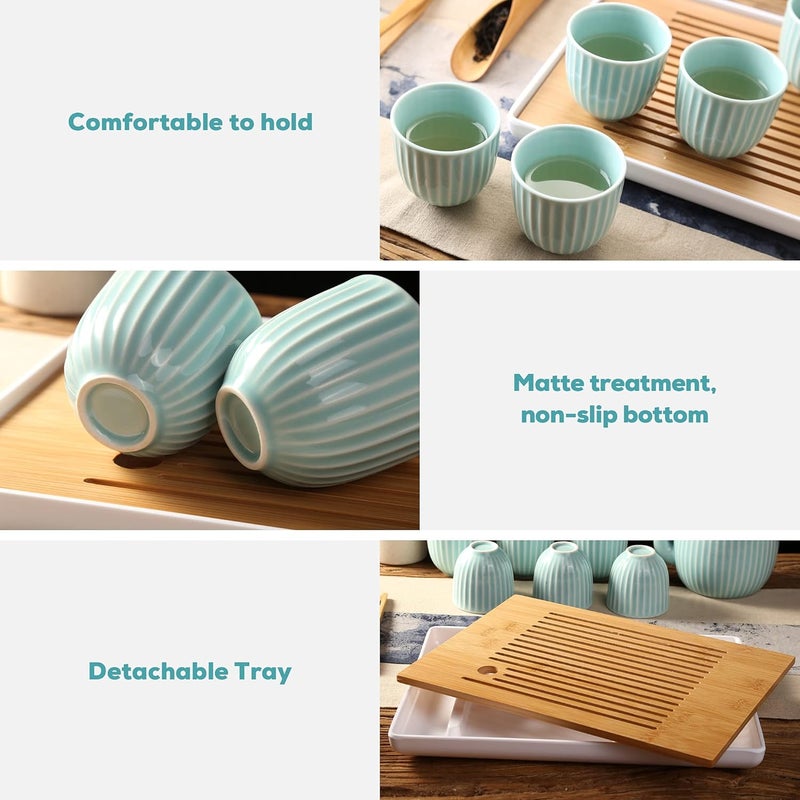 DUJUST Japanese Tea Set, Cyan-blue Porcelain Tea Set with 1 Teapot Set, 6 Tea Cups, 1 Tea Tray, 1 Stainless Infuser, Asian Tea Sets for Adults/Tea Lover/Women/Men (Bamboo - Straight Grain Design) - Image 4