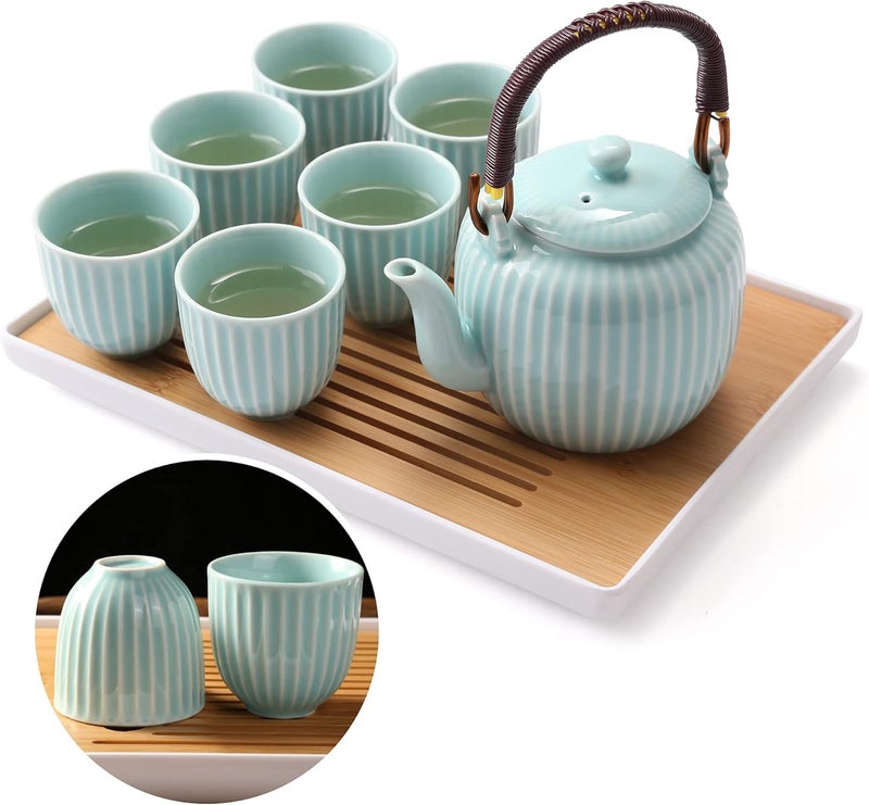DUJUST Japanese Tea Set, Cyan-blue Porcelain Tea Set with 1 Teapot Set, 6 Tea Cups, 1 Tea Tray, 1 Stainless Infuser, Asian Tea Sets for Adults/Tea Lover/Women/Men (Bamboo - Straight Grain Design) - Image 1