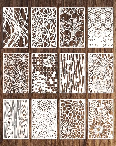 PWMDUX 12Pcs Stencils for Crafts Reusable Flower Leaf Texture Mixed Stencils for Painting Geometric Spider Web Templates Abstract Layering Spray Paint on Wood Furniture Card Canvas Paper Scrapbook - Image 1