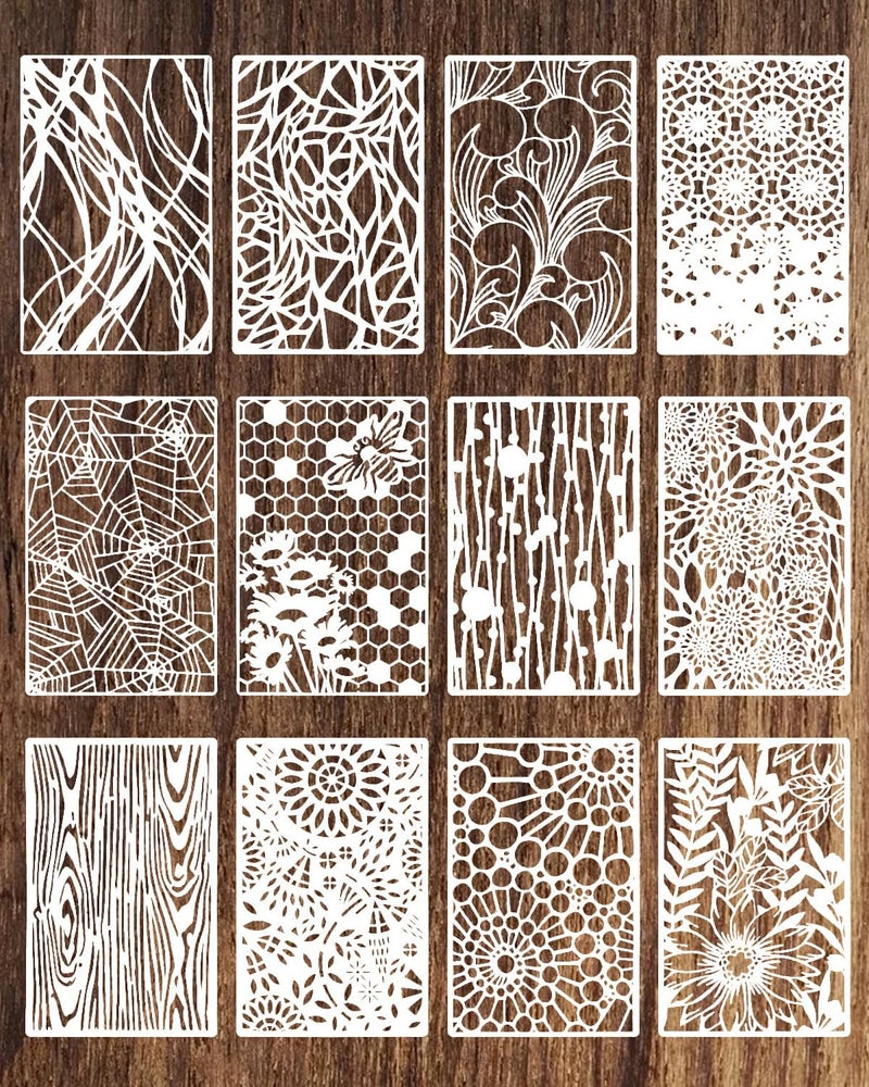 PWMDUX 12Pcs Stencils for Crafts Reusable Flower Leaf Texture Mixed Stencils for Painting Geometric Spider Web Templates Abstract Layering Spray Paint on Wood Furniture Card Canvas Paper Scrapbook - Image 3