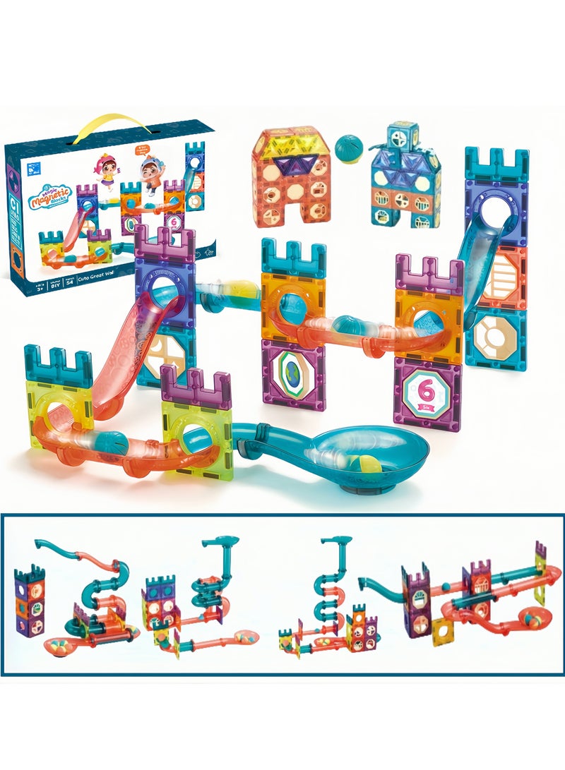 54Pcs Magnetic Building Block Set,Building Block Educational Toys,Color window magnetic piece, educational toy building blocks to build,Pipe, track, slide ball magnetic building blocks, splicing toys thinking children's toy, assembly DIY set  - Image 1
