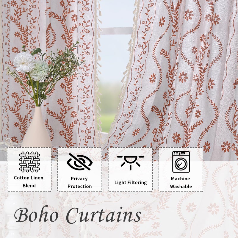 Schweek Boho Curtains 84 Inch Length Farmhouse Curtains for Living Room 2 Panels, Linen Semi Sheer Vintage Farmhouse Floral Curtain Rustic Curtain Drapes - Image 4