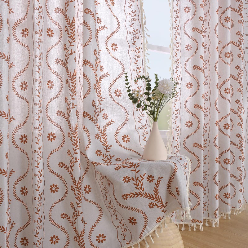 Schweek Boho Curtains 84 Inch Length Farmhouse Curtains for Living Room 2 Panels, Linen Semi Sheer Vintage Farmhouse Floral Curtain Rustic Curtain Drapes - Image 1