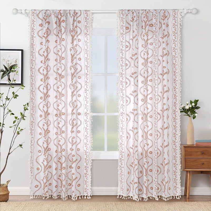 Schweek Boho Curtains 84 Inch Length Farmhouse Curtains for Living Room 2 Panels, Linen Semi Sheer Vintage Farmhouse Floral Curtain Rustic Curtain Drapes - Image 2