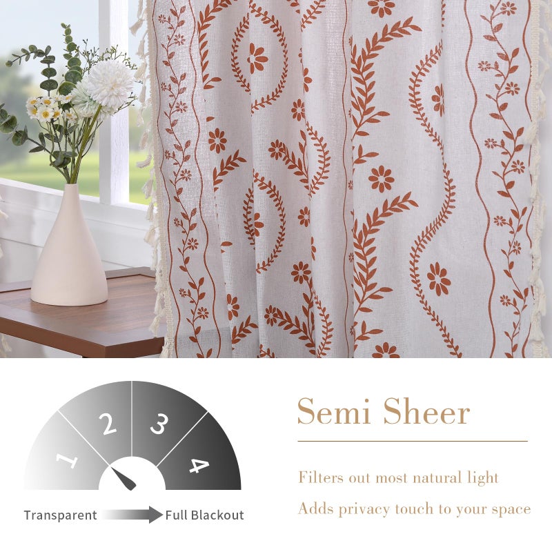 Schweek Boho Curtains 84 Inch Length Farmhouse Curtains for Living Room 2 Panels, Linen Semi Sheer Vintage Farmhouse Floral Curtain Rustic Curtain Drapes - Image 3