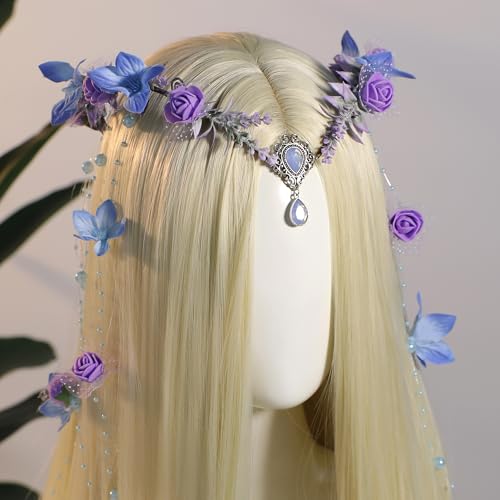 MOSTORY Blue Elf Flower Crown - Floral Headpiece Woodland Fairy Crown Headband Forest Circlet for Fairy Accessories Women Renaissance Faire Outfit Renfaire Princess Cosplay Halloween - Image 5