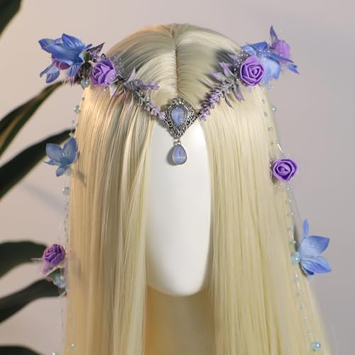 MOSTORY Blue Elf Flower Crown - Floral Headpiece Woodland Fairy Crown Headband Forest Circlet for Fairy Accessories Women Renaissance Faire Outfit Renfaire Princess Cosplay Halloween - Image 4