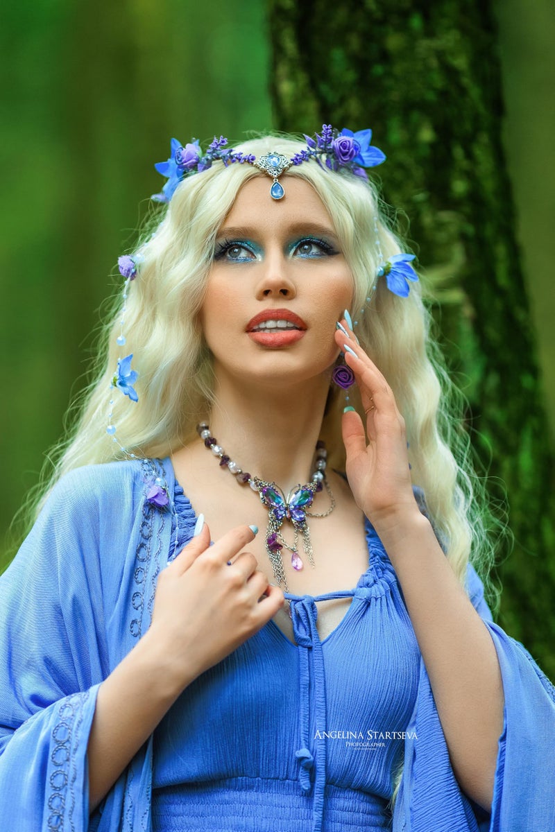 MOSTORY Blue Elf Flower Crown - Floral Headpiece Woodland Fairy Crown Headband Forest Circlet for Fairy Accessories Women Renaissance Faire Outfit Renfaire Princess Cosplay Halloween - Image 2