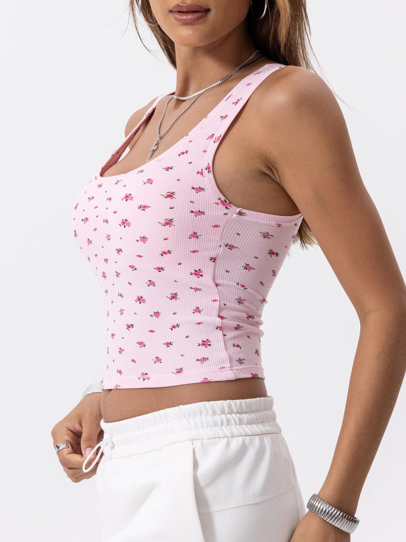 Danysu Women Cotton Rib Tank Top with Built in Bra Square Neck Crop Tank Fitted Basic Tops Floral Pink Rose S - Image 5