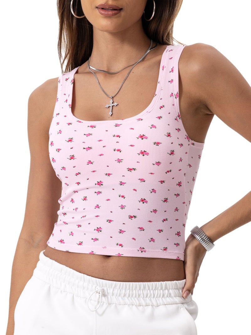 Danysu Women Cotton Rib Tank Top with Built in Bra Square Neck Crop Tank Fitted Basic Tops Floral Pink Rose S - Image 1