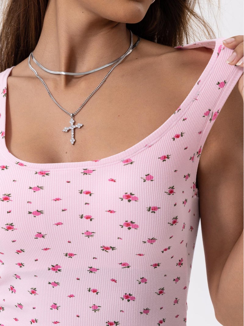 Danysu Women Cotton Rib Tank Top with Built in Bra Square Neck Crop Tank Fitted Basic Tops Floral Pink Rose S - Image 2