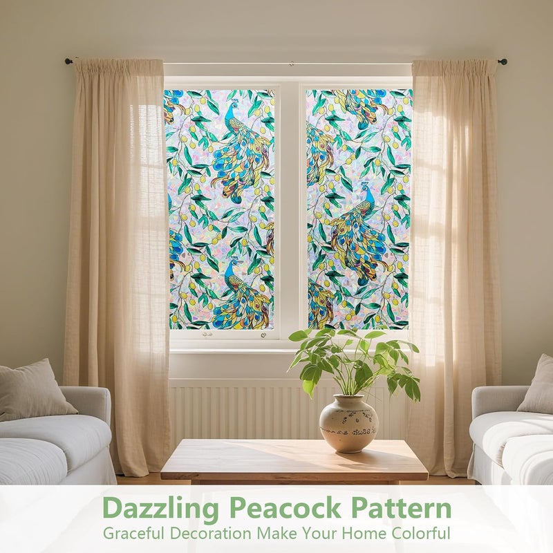 Kromapolis Window Privacy Film, Stained Glass Sticker Floral Window Clings, Decorative Static Clings UV Blocking Colorful Decals, Removable Vinyl Covering Rainbow Peacock, 17.5'' x 78.7'' - Image 2