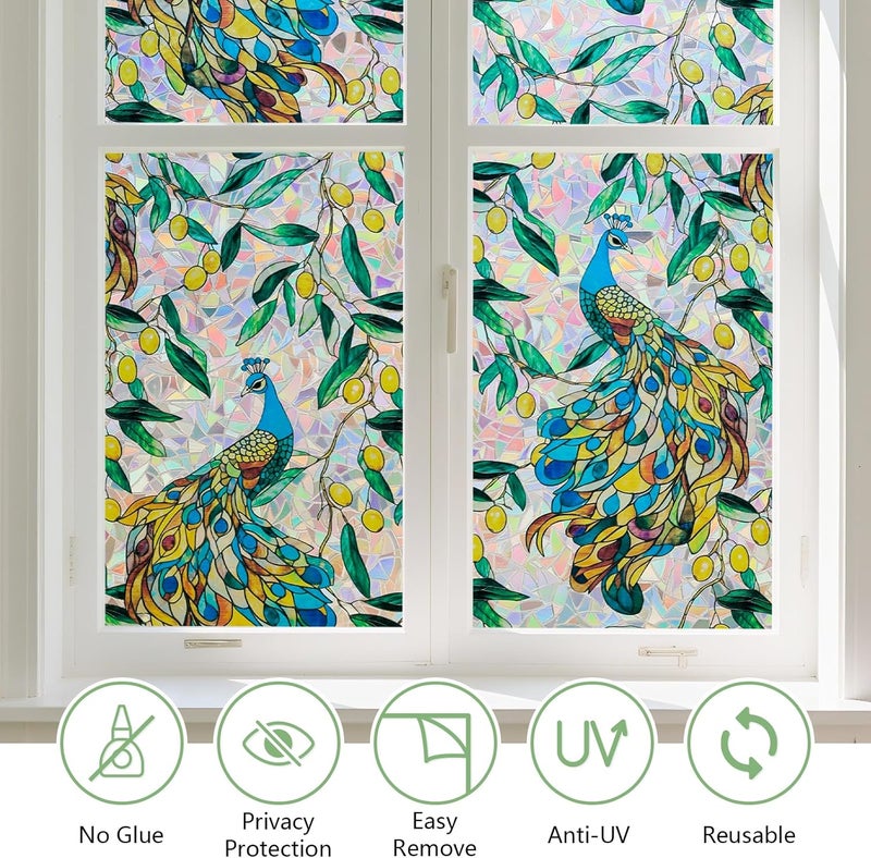 Kromapolis Window Privacy Film, Stained Glass Sticker Floral Window Clings, Decorative Static Clings UV Blocking Colorful Decals, Removable Vinyl Covering Rainbow Peacock, 17.5'' x 78.7'' - Image 3
