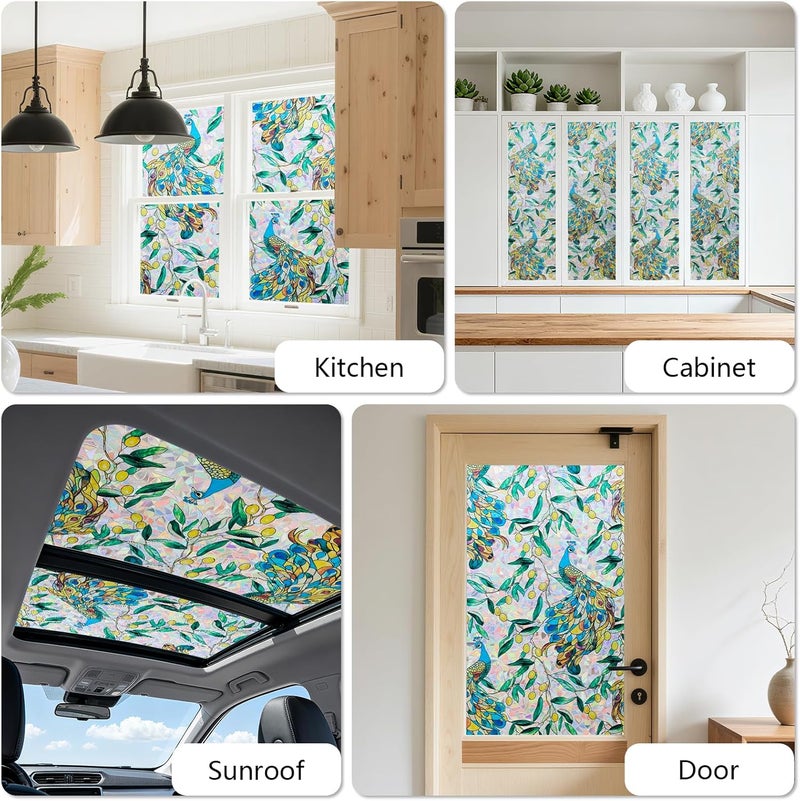 Kromapolis Window Privacy Film, Stained Glass Sticker Floral Window Clings, Decorative Static Clings UV Blocking Colorful Decals, Removable Vinyl Covering Rainbow Peacock, 17.5'' x 78.7'' - Image 5