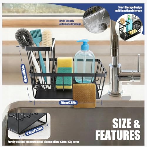 OERPHO Sponge Holder for Kitchen Sink, Kitchen Sink Caddy, Kitchen Sink Sponge Holder, Dish Sponge Holder, Kitchen Sink Organizer for Sponge, Dish Brush, Scrubber(9.65" x 3.74" x 6.3", Black) - Image 2