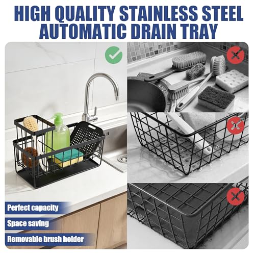 OERPHO Sponge Holder for Kitchen Sink, Kitchen Sink Caddy, Kitchen Sink Sponge Holder, Dish Sponge Holder, Kitchen Sink Organizer for Sponge, Dish Brush, Scrubber(9.65" x 3.74" x 6.3", Black) - Image 4