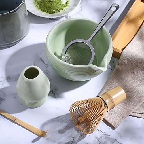 ZENRC Ceremony Matcha Kit - Handmade Bamboo Matcha Whisk (Chasen) Scoop (Chashaku) Spouted Chawan Bowl Whisk Holder Sifter Bamboo Tea Tray Towel- The Perfect Matcha Set (Apple Green, Set of 7) - Image 2